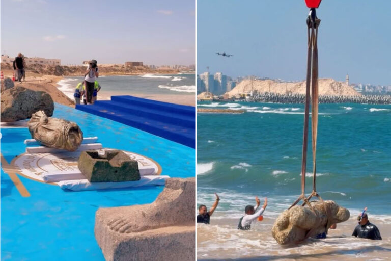 Les ruines submergées du millénaire ré-émergent des eaux d'Alexandrie d'Égypte: il y a aussi un énorme sphinx de quartz