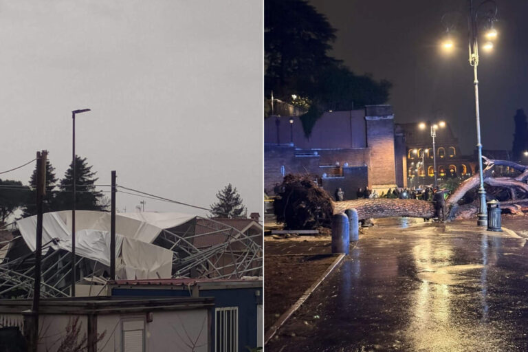 Violentes tempêtes sur Rome : des torrents ont inondé, un pin de 20 mètres est tombé sur les Forums impériaux et une structure de padel s'effondre à Ciampino