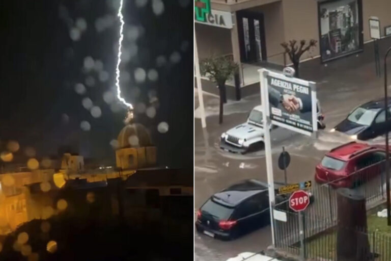 Bombe à eau dans la zone napolitaine, rues inondées et voitures flottantes : à Ischia, la foudre endommage la coupole de l'église du XVIIe siècle